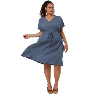 Agnes Orinda Women's Plus Size Tie Waist Short Sleeve Solid Chambray Casual Shirt Dresses - 1 of 4