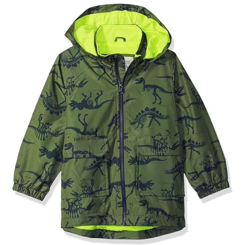 Carter's Boys' Critter Rainslicker Lightweight Rain Jacket, Olive Green Dinosaur, size 2T
