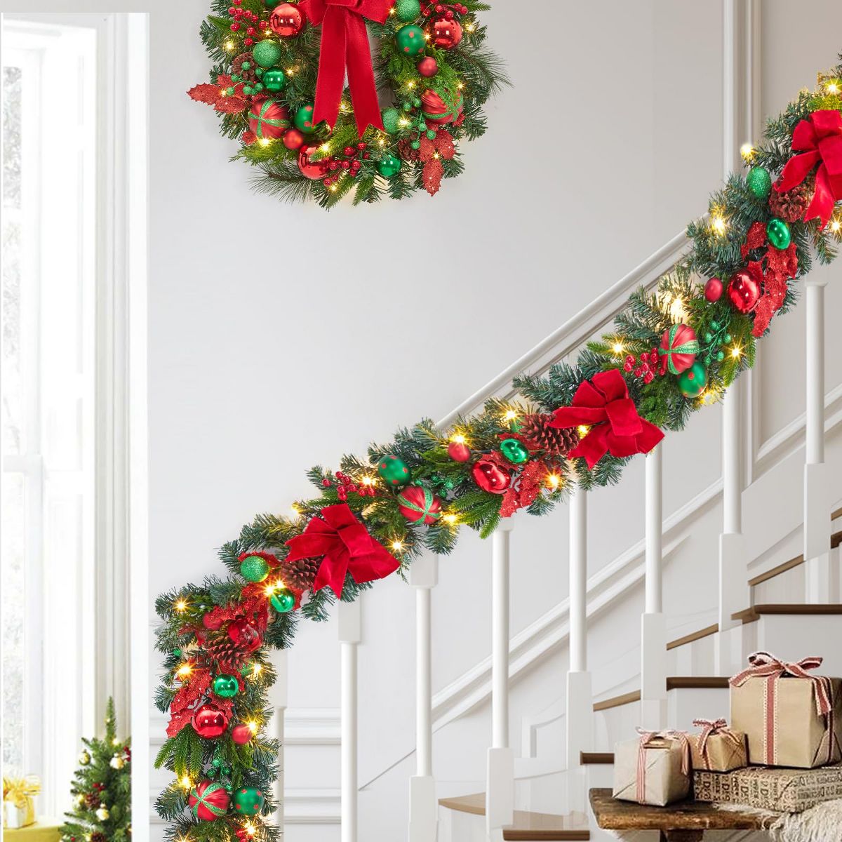 6 Ft Christmas Garland with Lights for Mantle, Battery Operated Xmas Garlands with Red Gold Balls, for Fireplace Stair Railing TV Stand - thumbnail 6