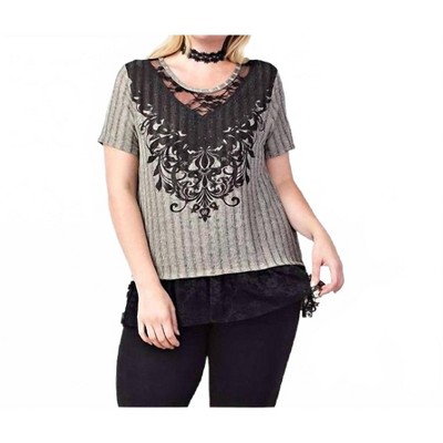 Women's Scroll Lace Rhinestone V-neck Top – Plus - VOCAL APPAREL