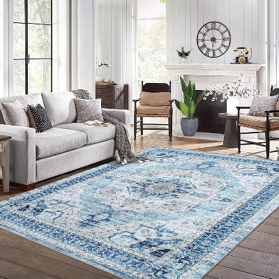 Washable Vintage Distressed Area Rug,Oriental Medallion Accent Carpet,Ultra-Soft Low Pile Non-Slip Floor Mat for Living Room Bedroom Office