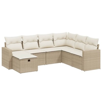 vidaXL 7 Piece Patio Sofa Set with Cushions Beige and Cream Poly Rattan - Without Table