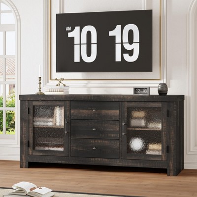 Garvee 54.4" Kitchen Buffet Sideboard Cabinet, Coffee Bar Table with 2 Glass Doors & 3 Drawers, Storage TV Stand, for Living Room, Dining Room,Dark Oak — фото 5