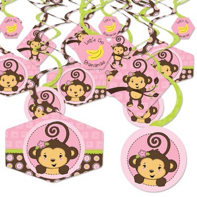 Big Dot of Happiness Pink Monkey Girl - Baby Shower or Birthday Party Hanging Decor - Party Decoration Swirls - Set of 40