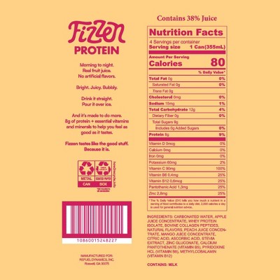 Fizzen Peach Mango Protein Sparkling Fruit Juice - 12 fl oz/4pk