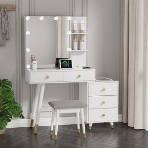 White Linen Particleboard Veneered with Solid Wood Legs with Brass Bushing Trim with LED Tri-tone Panel Vanity Table Set - 1 of 4