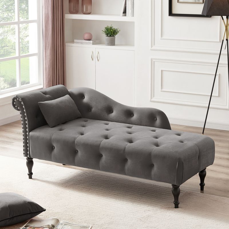 60.6" Velvet Chaise Lounge with Button Tufted Nailhead Trimmed and 1 Pillow - ModernLuxe, 1 of 7