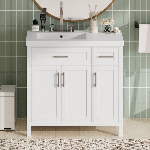 36" White Bathroom Vanity Cabinet, with Resin Integrated Sink, 2 Drawers and 3 Doors - 1 of 4