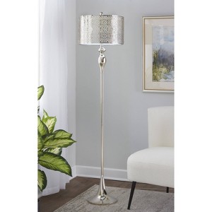 LumiSource Ashland 63" Floor Lamp: Polished Nickel, Laser Cut Metal, White Linen Shade - 1 of 4