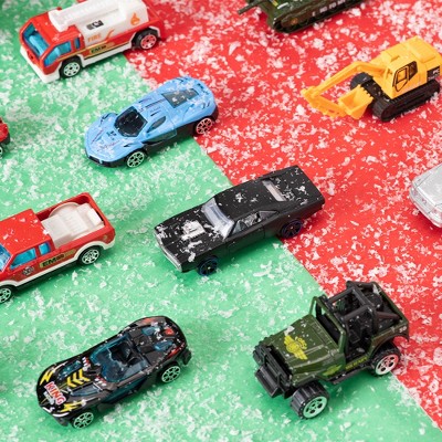 Mini Vehicle Countdown Calendar with 24 Tiny 1:64 Scale Cars and Trucks Behind Numbered Doors