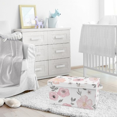 Pink and Grey Floral Fabric Storage Bin with Lid