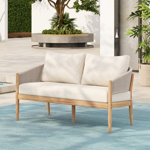 Christopher Knight Home Stuart Modern Patio Acacia Wood Woven Rope Loveseat with Cushion - 1 of 4