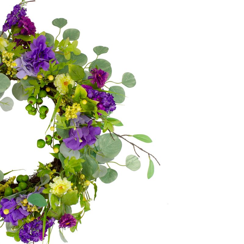 Northlight Eucalyptus and Hydrangea Floral Berry Spring Wreath, Purple and Yellow 23", 3 of 5