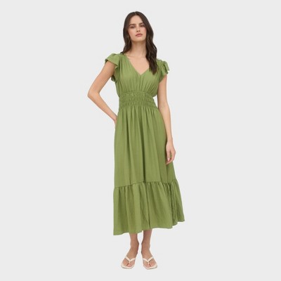 August Sky Women's V-Neck Short Sleeve Midi Dress