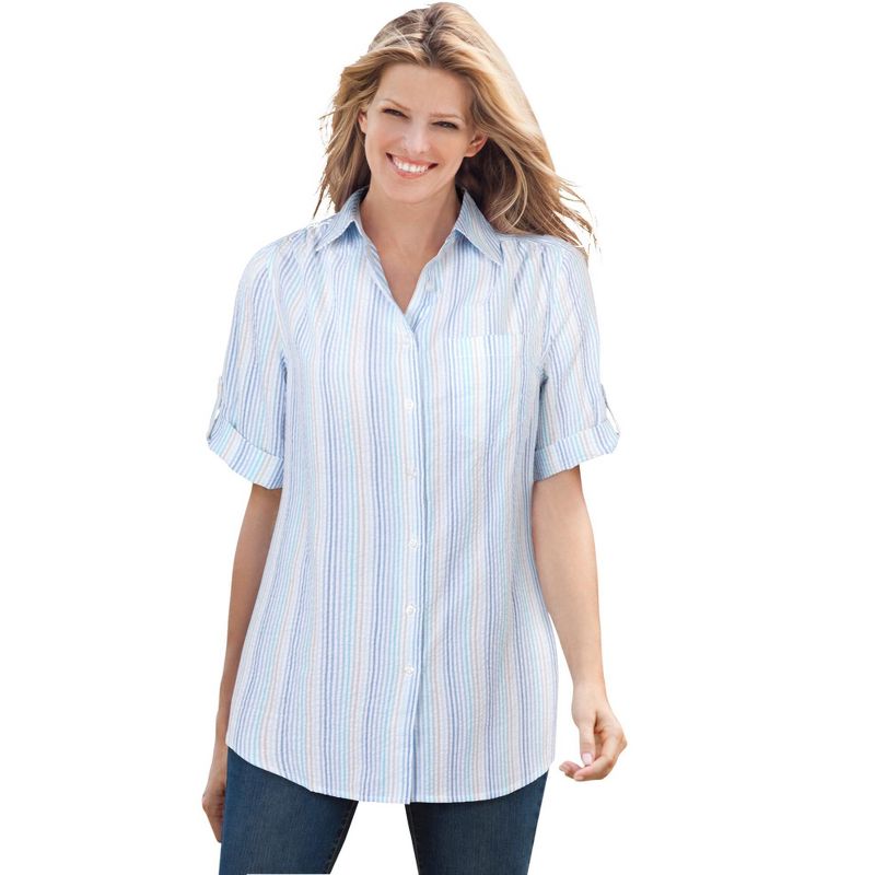 Woman Within Women's Plus Size Petite Short-Sleeve Button Down Seersucker Shirt, 1 of 2