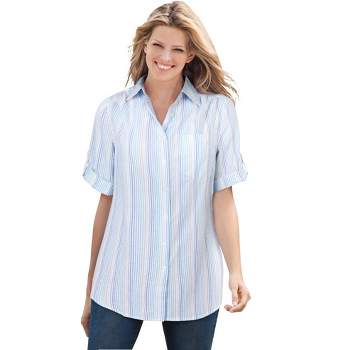 Woman Within Women's Plus Size Petite Short-Sleeve Button Down Seersucker Shirt