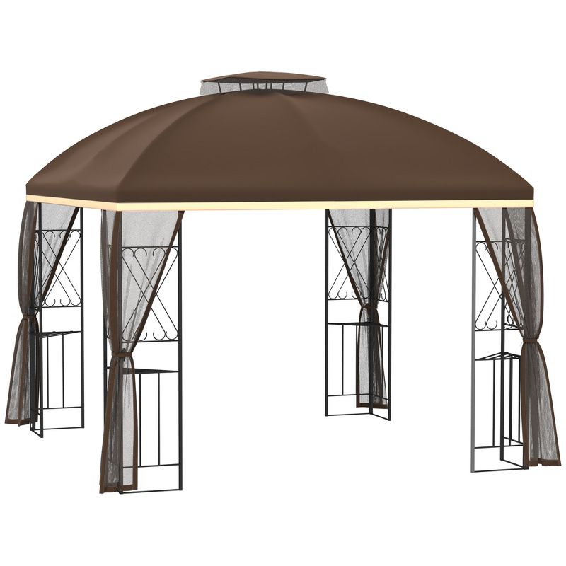 Outsunny 10' x 10' Patio Gazebo Canopy Outdoor Canopy Shelter with Double Tier Roof, Removable Mesh Netting, Display Shelves, 1 of 9