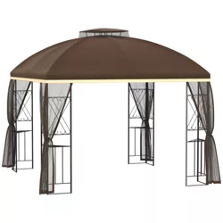 Outsunny 10' x 10' Patio Gazebo, Double Roof Outdoor Gazebo Canopy Shelter with Removable Mesh Netting, Display Shelves, Brown