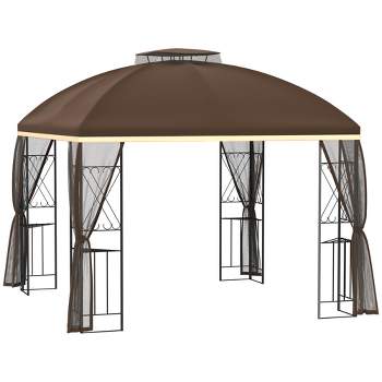 Outsunny 10' x 10' Patio Gazebo Canopy Outdoor Canopy Shelter with Double Tier Roof, Removable Mesh Netting, Display Shelves, Brown