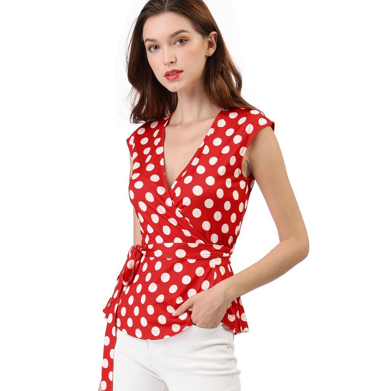 Allegra K Women's V Neck Sleeveless Self Tie Wrap Front Dotted Top, 3 of 8