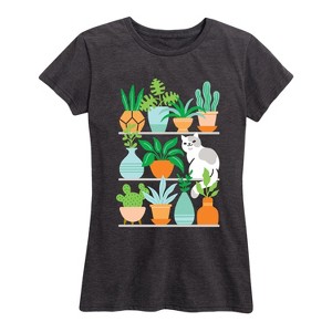 Women's - Instant Message - Succulents Cat on Shelves Short Sleeve Graphic T-Shirt - 1 of 4