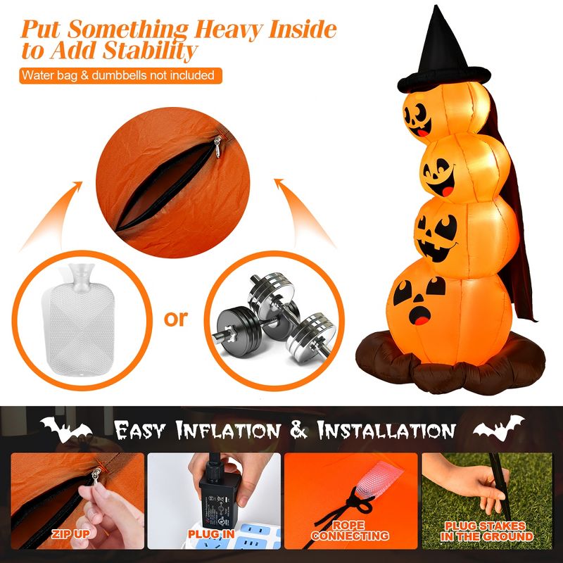 Costway 6.8FT Halloween Inflatable Pumpkin Combo Blow up Pumpkins w/ Witch’s Hat, 4 of 11