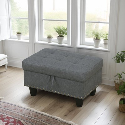 DOMETOUR Gray Linen Storage Ottoman - Stylish Upholstered Footstool with Hidden Compartment