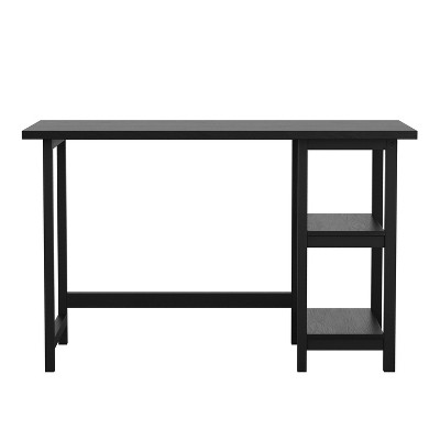 Black Wood Grain Trestle Desk with Open Shelving