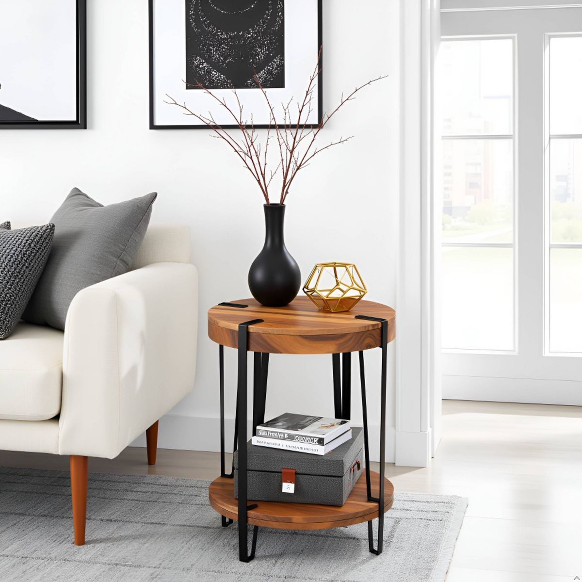 Alaterre Furniture 21" Ryegate Natural Brown Live Edge Solid Wood Round End Table Metal And Wood - thumbnail 8