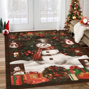 Christmas Area Rugs, Washable Non-Slip Christmas Snowman Plaid Carpet, Soft Low Pile Foldable Stain Resistant for Bedroom, Home - 1 of 4