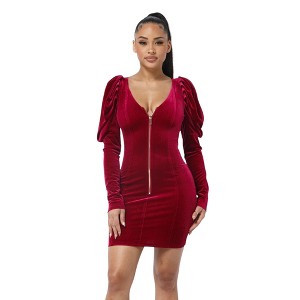 Slickblue Soft Velvet Pleated Puff Sleeve Mini Dress, Low V-Neck with Gold Zippers & Back Tie, Black/Nude/Red, Size S-L - 1 of 4