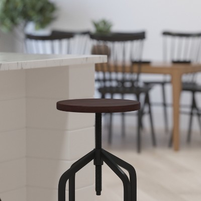 Sleek 30'' Adjustable Black Metal and Wood Swivel Bar Stool