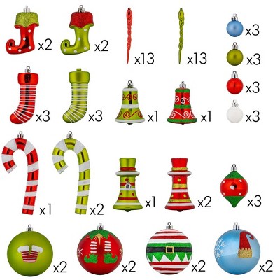 Elf Themed Shatterproof Plastic Christmas Ornament Set - 67 Pieces