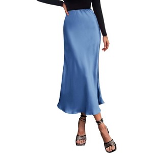 Women's 2025 Satin Midi Skirt - Elegant High Waist A-Line for Cocktail & Wedding Events Blue - 1 of 4
