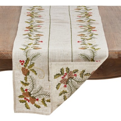 Natural Embroidered Pinecone and Holly Table Runner
