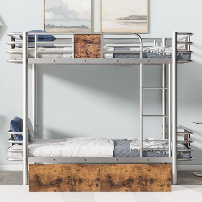 PAGED Twin XL over Twin XL Bunk Bed Modern Metal Bed Frame with 2 Storage Drawers, Guardrail and Ladder for Bedroom