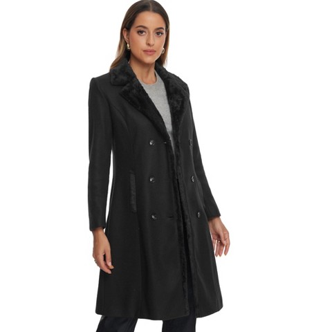 Allegra K Women's Winter Faux Fur Collar Double Breasted Long Warm Coats X-Large Black