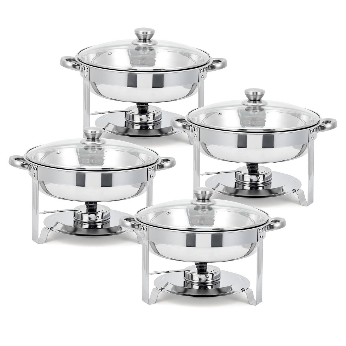 Professional Buffet Warming Solution, 4 Pack 5QT Round Stainless Steel Chafing Dish Set with Glass Lids for Catering