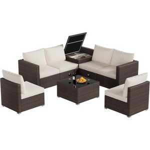 8-Piece Multifunctional Outdoor Patio Set, PE Rattan Sectional Sofa with Coffee Table & Storage Box, Brown & Beige - 1 of 4