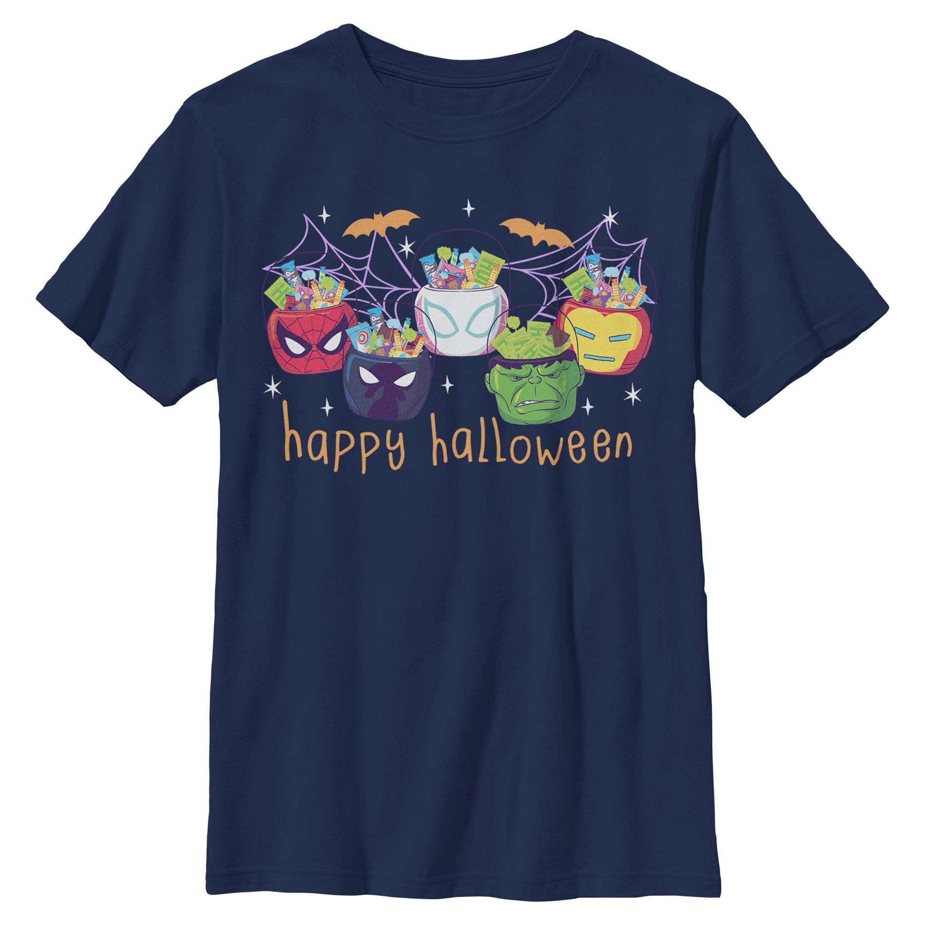Boys Marvel Happy Halloween Super Heroes Candy Bucket T Shirt - Navy Blue - Small