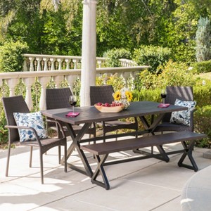 Christopher Knight Home Perault Outdoor Wicker and Aluminum 6 Piece Dining Set with Bench, Multibrown/Brown - 1 of 4