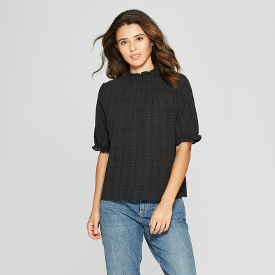 black ruffle blouse short sleeve