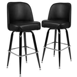 Emma and Oliver 2 Pack Metal Barstool with Swivel Black Vinyl Upholstered Bucket Seat and Footrest - 1 of 4