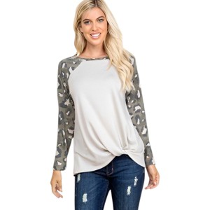 Slickblue Chic Casual French Terry Top with Animal Print Sleeves - Side Twist Design, Oat/Red, S/M/L - 1 of 4