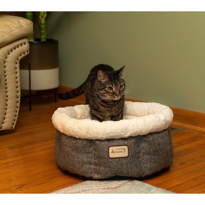 Gray and Beige Round Plush Velvet Cat Bed