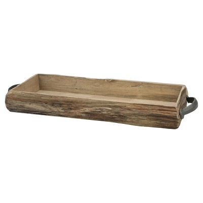 8" x 21" Wooden Bark Tray with Metal Handles Brown - CKK Home Décor