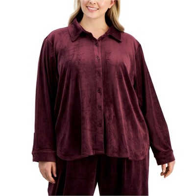 Calvin Klein Womens Velour Button Up Shirt, Purple, 2X