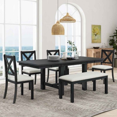 6 PCS Farmhouse Dining Set, Extendable Table and Dining Chairs and Bench, Solid Wood Frame Chair with Polyester Cushion-Coolbibila