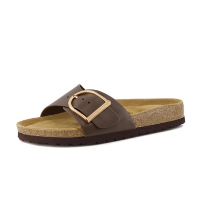 CUSHIONAIRE Leeds Sandals for Women, Slip On Big Buckle Slide Womens Sandals with Memory Foam Footbed, Comfortable Summer Footwear