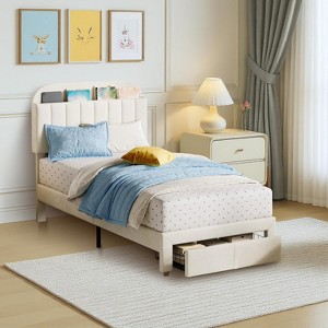 Acekool Twin Bed Frame for Kids with Upholstered Platform, Large Storage Drawer and Bookcase Headboard, Noise-Free and Easy Assembly,Beige - 1 of 4
